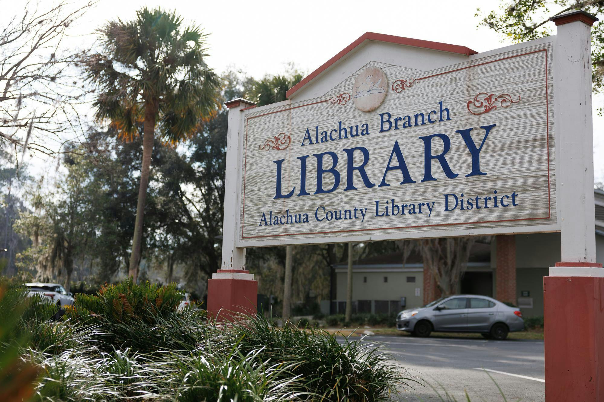 The sign outside the Alachua Branch Library in Alachua, Florida, Saturday, Feb. 21, 2026.