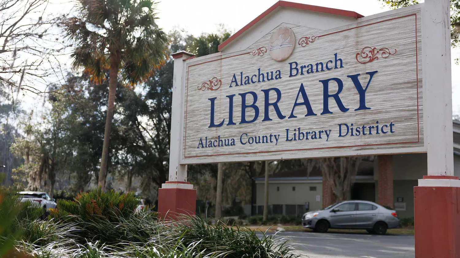 The sign outside the Alachua Branch Library in Alachua, Florida, Saturday, Feb. 21, 2026.