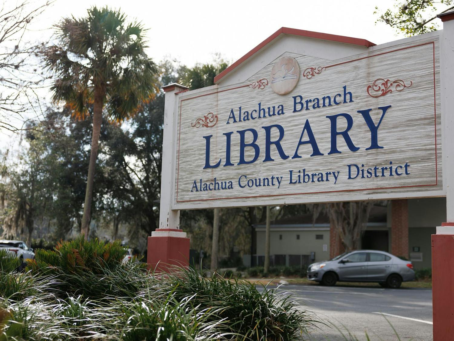 The sign outside the Alachua Branch Library in Alachua, Florida, Saturday, Feb. 21, 2026.