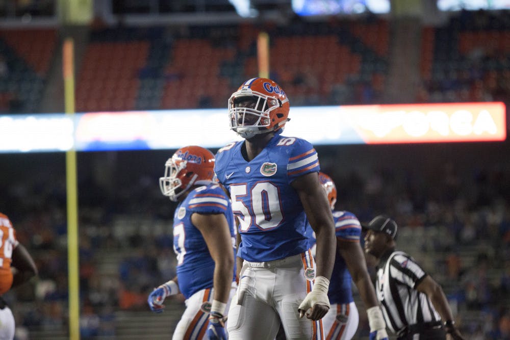 <p>Linebacker Jeremiah Moon looks on during Florida's Spring football game on April 7, 2017, at Ben Hill Griffin Stadium. </p>