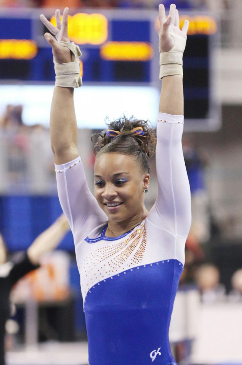 <p>Kytra Hunter performs a vault routine during Florida’s 197.525-196.025 win against Arkansas on Feb. 14 in the O’Connell Center.</p>