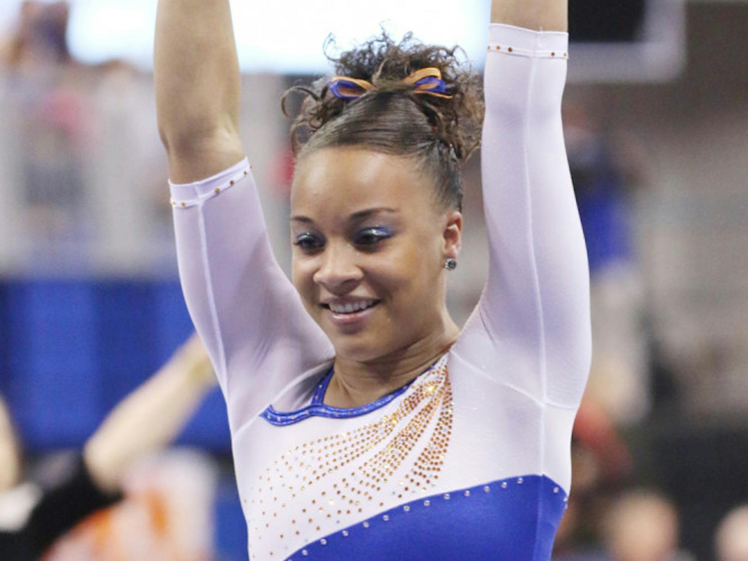Kytra Hunter performs a vault routine during Florida’s 197.525-196.025 win against Arkansas on Feb. 14 in the O’Connell Center.