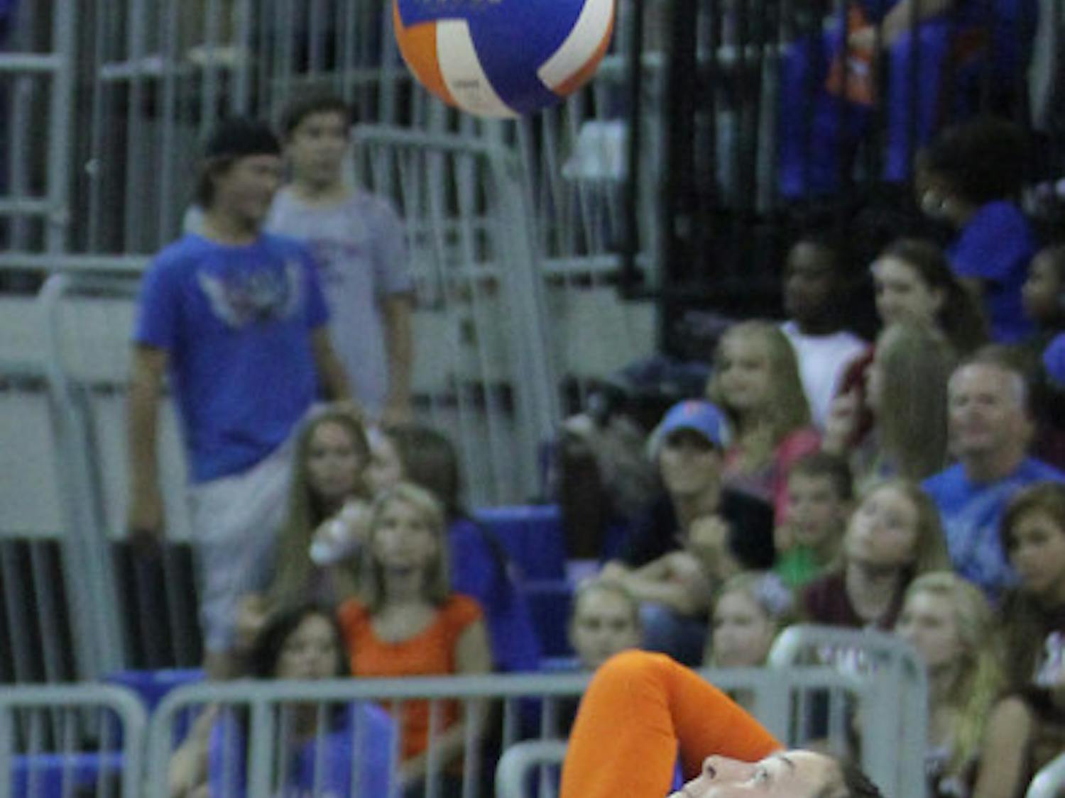 Florida libero Taylor Unroe (5) serves during Florida’s 3-0 win against Missouri on Sept. 21 in the Stephen C. O’Connell Center. Unroe's 18 digs against Alabama on Friday her second-highest total in a three-set match.
 
