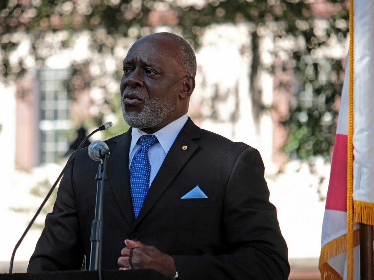 Alachua Deputy County Manager Carl Smart gives a speech at the unveiling of a historical marker at the Alachua County Administration Building on Saturday, Oct. 23, 2021.