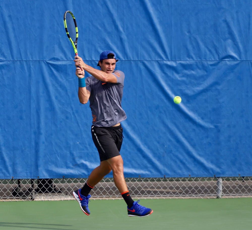 <p>Senior Duarte Vale at day four of the ITA Tournament in Gainesville last year. He paired with Sam Riffice to earn a 6-4 doubles victory Friday.</p>