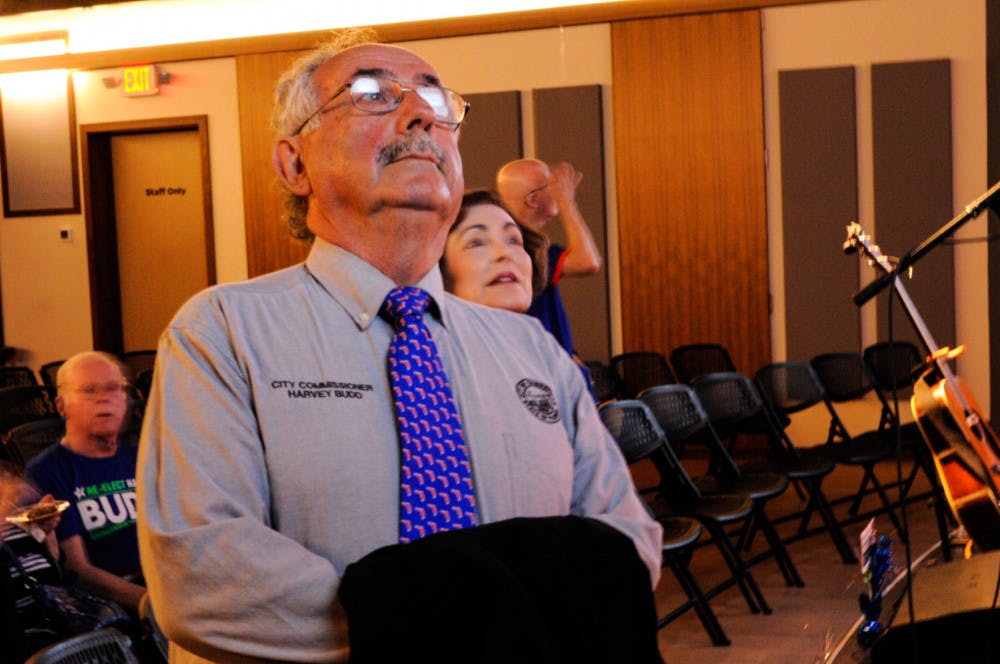 Harvey Budd and his wife Ilene Silverman-Budd watch the results of the City Commision election with fellow supporters.
&nbsp;