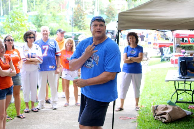 Anthony "Gator Tony" Burke has become a quintessential gameday figure on campus, giving toasts to pump up tailgaters before every home game.