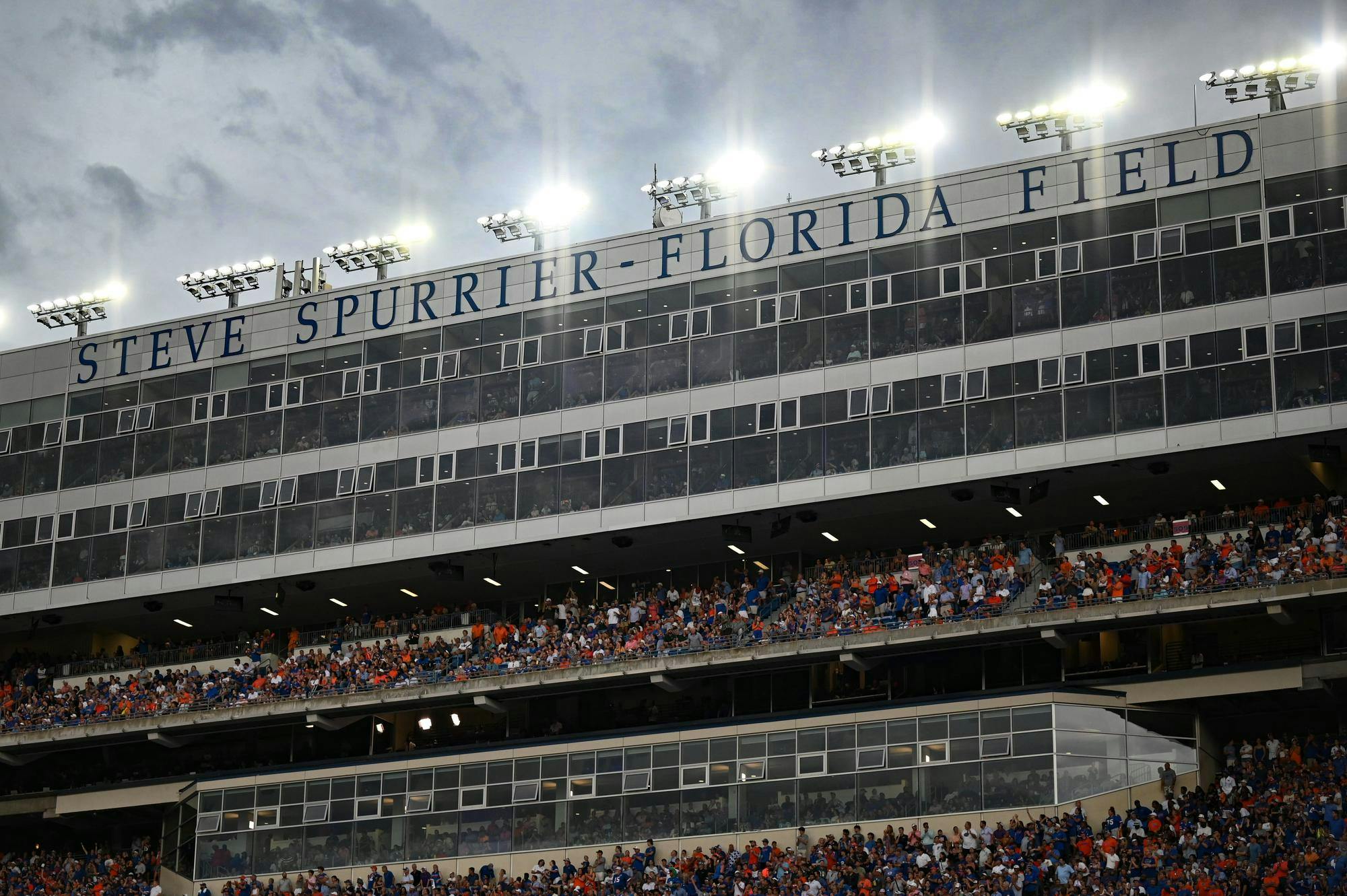 The weather sweeps over Steve Spurrier-Florida Field at Ben Hill Griffin Stadium during a football game between the South Florida Bulls and the Florida Gators on Sept. 6, 2025, at Ben Hill Griffin Stadium in Gainesville, Fla.