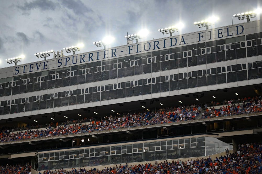 <p>The weather sweeps over Steve Spurrier-Florida Field at Ben Hill Griffin Stadium during a football game between the South Florida Bulls and the Florida Gators on Sept. 6, 2025, at Ben Hill Griffin Stadium in Gainesville, Fla.</p>