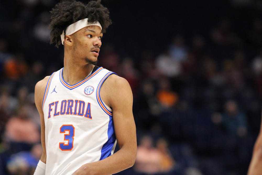 Florida forward Alex fudge stands on the court during the Gators' 69-68 loss to the Mississippi State Bulldogs in the second round of the Southeastern Conference Tournament Thursday, March 9, 2023.