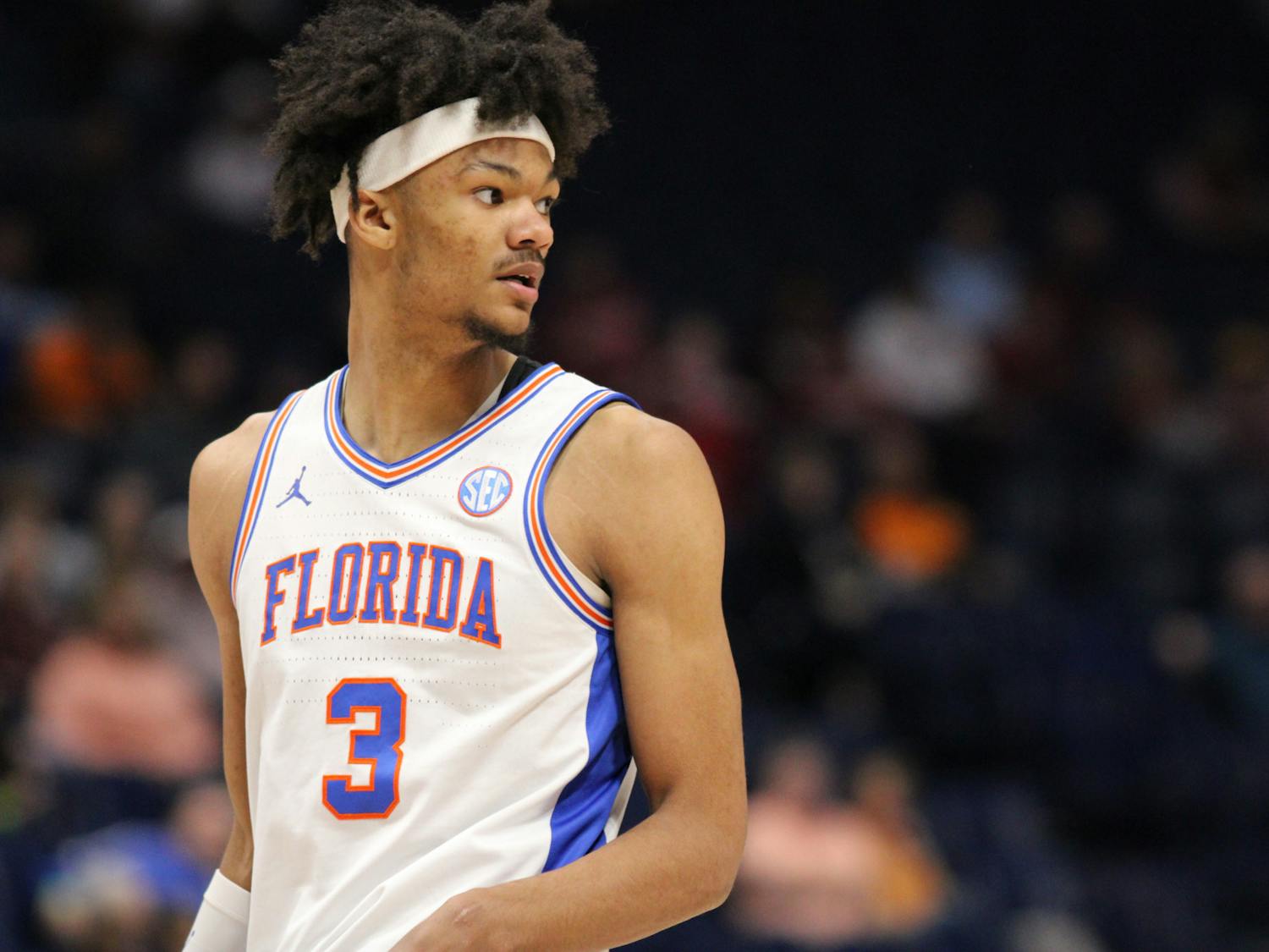 Florida forward Alex fudge stands on the court during the Gators' 69-68 loss to the Mississippi State Bulldogs in the second round of the Southeastern Conference Tournament Thursday, March 9, 2023.
