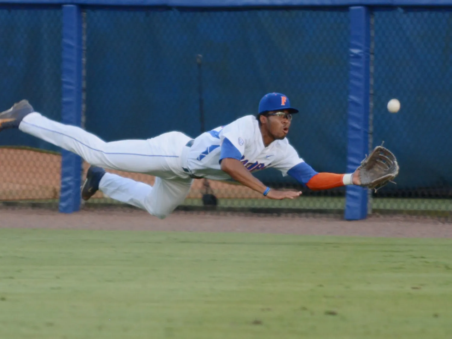 Buddy Reed makes a diving grab in the outfield during Florida's 19-0 win over Florida A&M on May 29, 2015, during the 2015 NCAA Tournament.