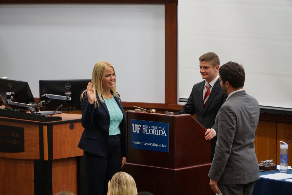 <p>Susan Webster is sworn in as Student Senate President at Tuesday's meeting.</p>