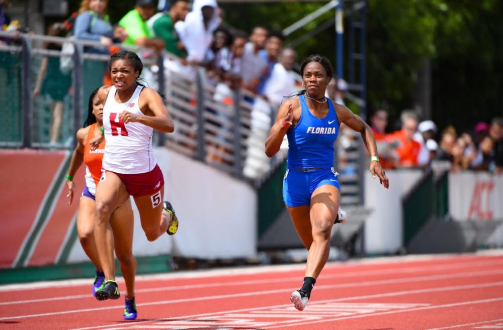 Shayla Sanders runs the 100-meter dash at the Hurricane College Invitational on March 25, 2017.