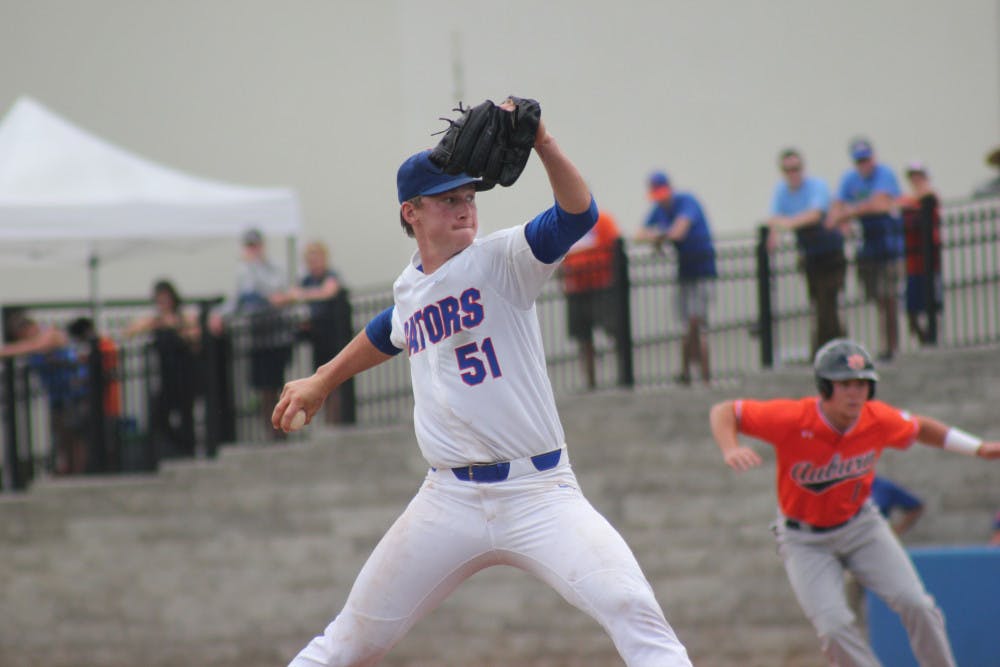 <p>UF pitcher Brady Singer threw 6.1 innings in UF's 6-3 loss to Texas Tech at the College World Series Sunday. He gave up five runs (two earned) on nine hits, no walks and five strikeouts. </p>