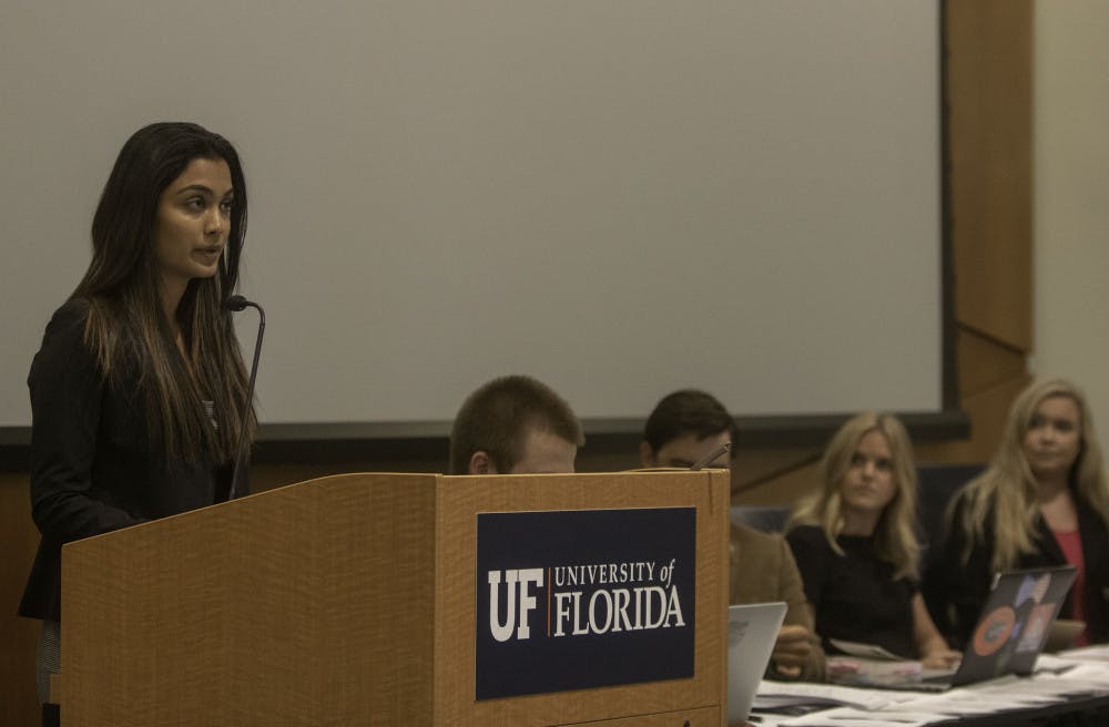 Nandini Goel announces she is disaffiliating from Impact Party and becoming an independent senator during the final UF Student Government meeting of the semester 