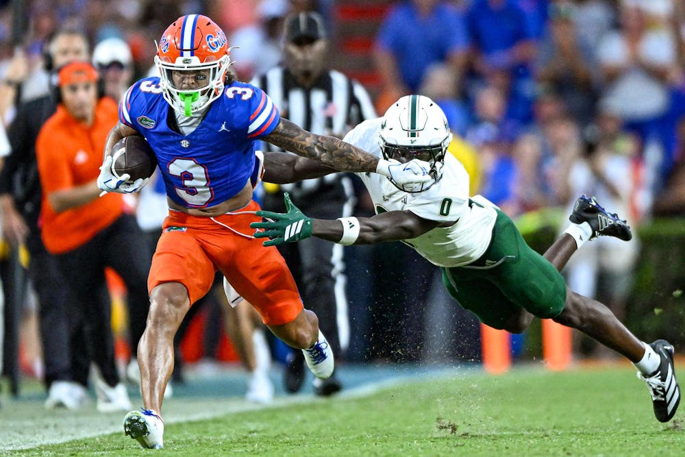 Florida Gators wide receiver Eugene Wilson III (3) runs with the ball in a football game between the South Florida Bulls and the Florida Gators on Sept. 6, 2025, at Ben Hill Griffin Stadium in Gainesville, Fla.