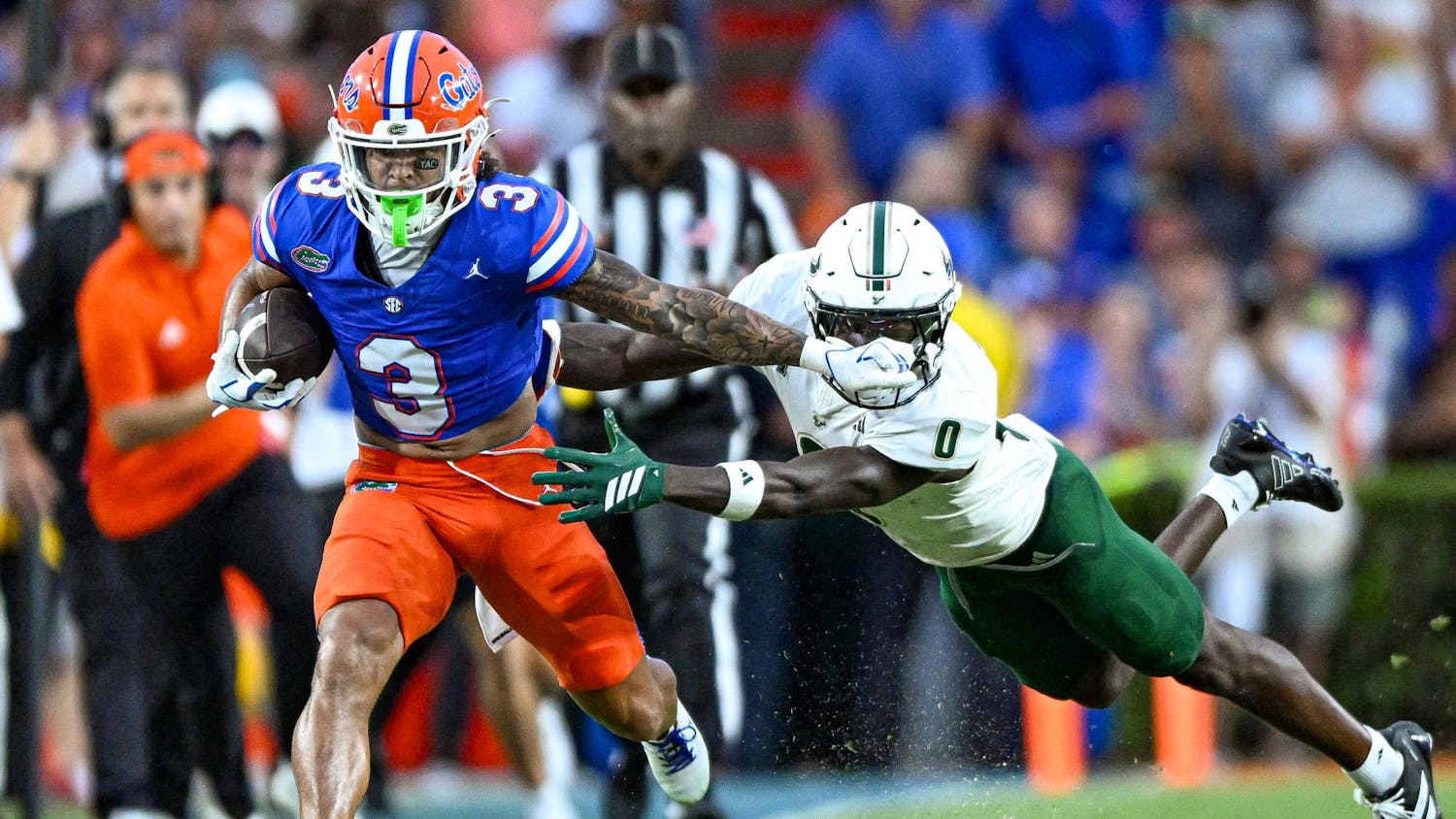 Florida Gators wide receiver Eugene Wilson III (3) runs with the ball in a football game between the South Florida Bulls and the Florida Gators on Sept. 6, 2025, at Ben Hill Griffin Stadium in Gainesville, Fla.