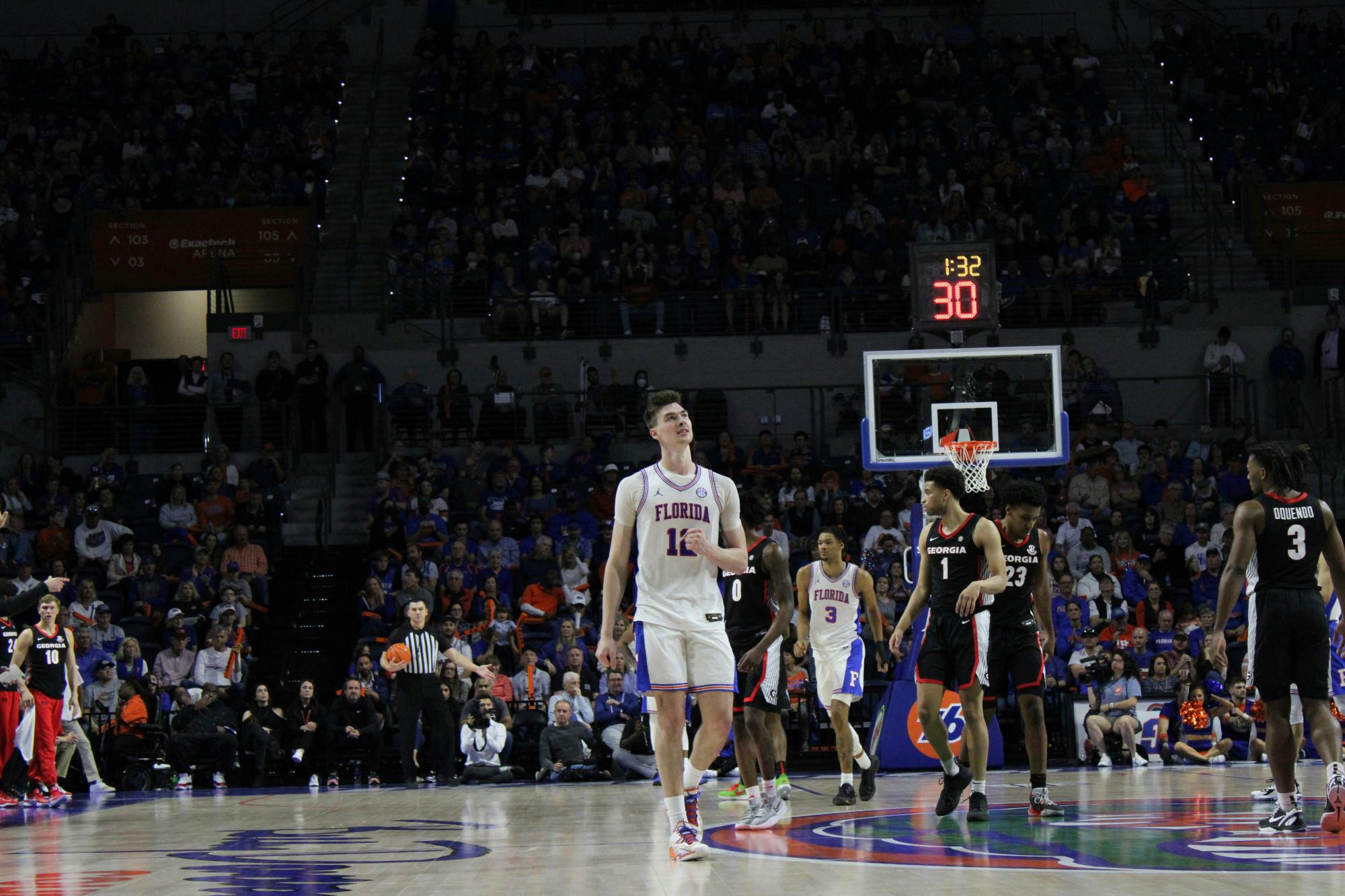 Florida forward Colin Castleton celebrates during the Gators' 82-75 victory against the Georgia Bulldogs Saturday, Jan. 7, 2023.