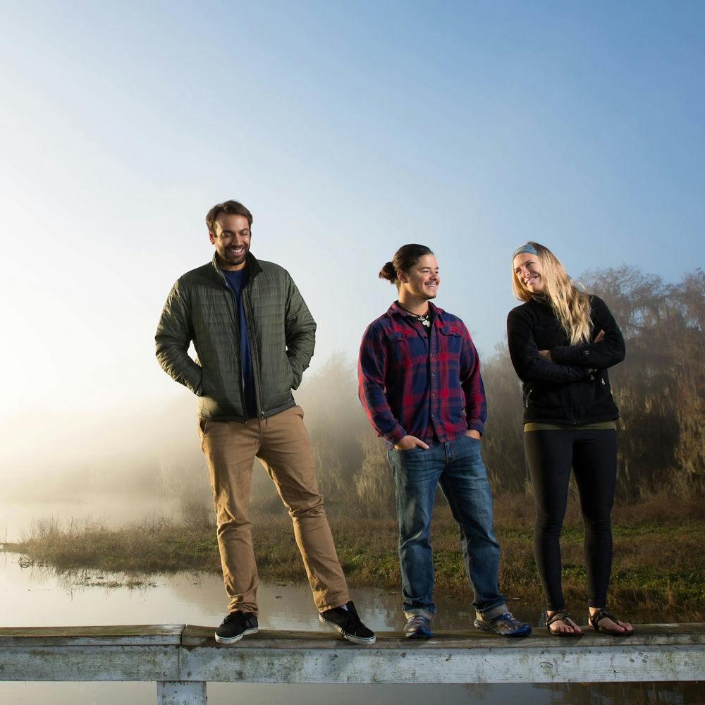 Brian Moghari, Filipe DeAndrade, and McKenzie Barney, stars of the new Nat Geo Wildlife 10-part web series “Untamed With Filipe DeAndrade,” pose for a photograph. The three UF alumni are creating the program to show viewers unique animals found in the U.S.