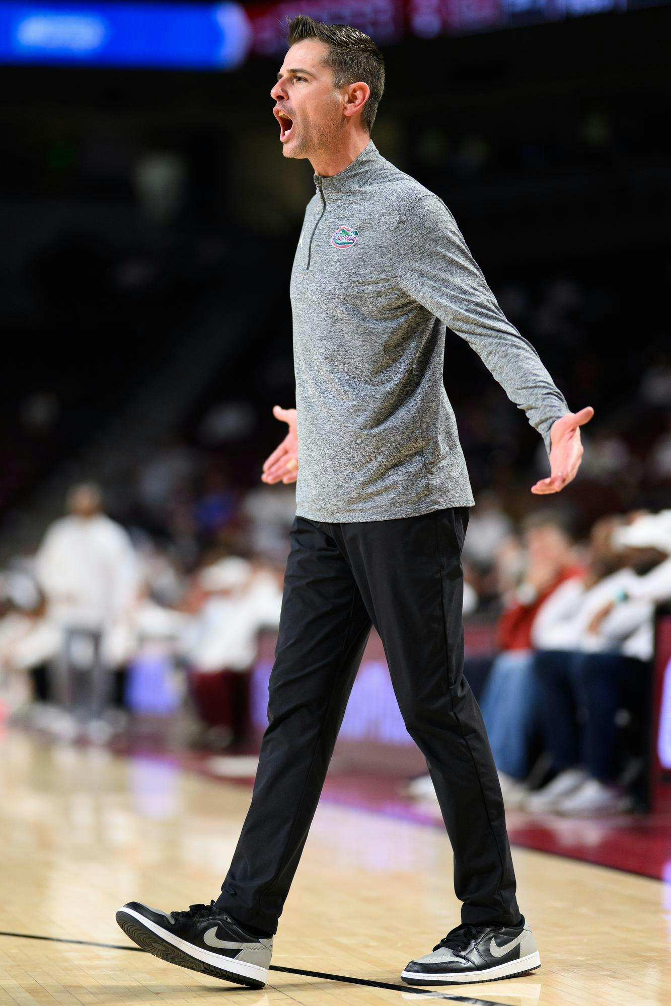 Florida head coach Todd Golden yells at referee Bharat Ramnanan during the second half of an NCAA college basketball game against South Carolina, Wednesday, Jan. 28, 2026, in Columbia, S.C.
