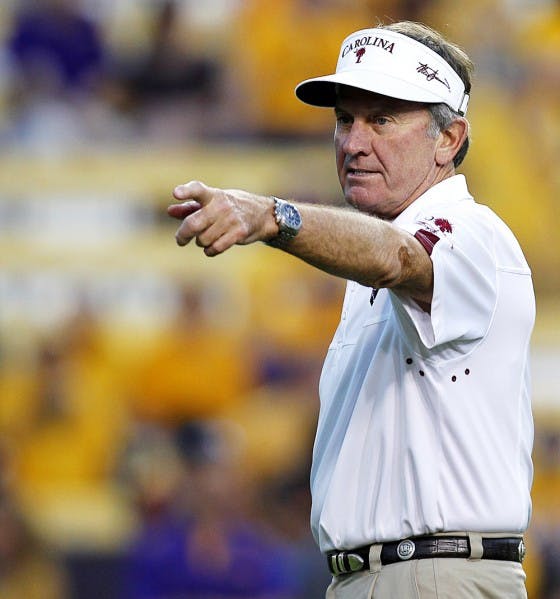 South Carolina coach Steve Spurrier calls out to his team before its game against LSU in Baton Rouge, La., on Saturday. LSU won 23-21.