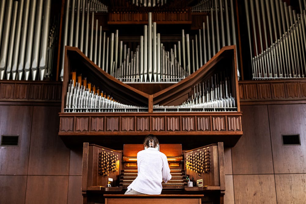 <p>Organist Grace Neilson demonstrates the pipe organ’s capabilities at the University Auditorium on Saturday, Jan. 25, 2025.</p>