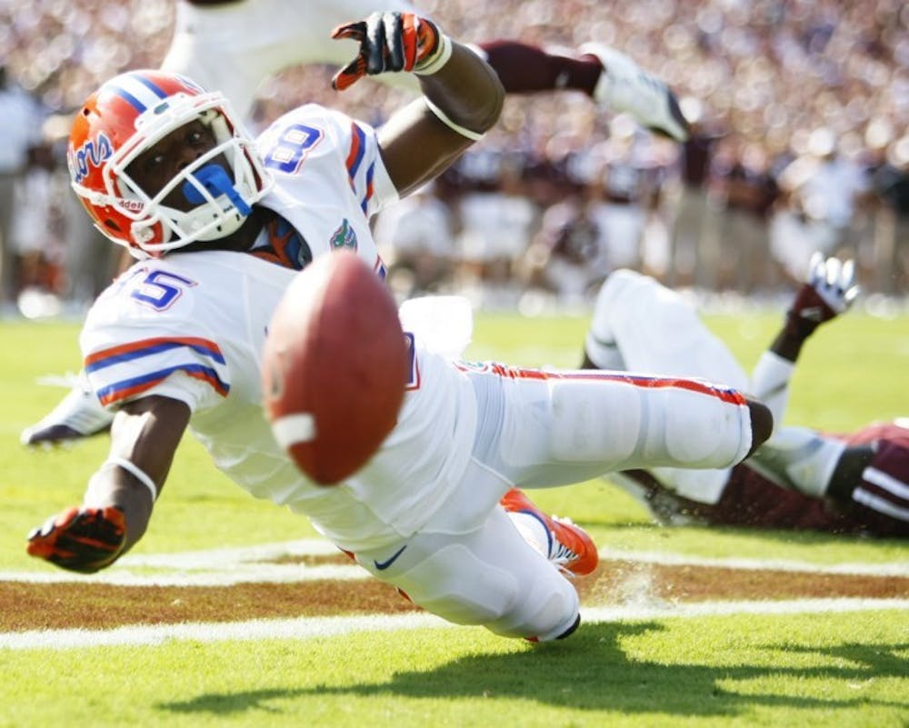 <p>Wide receiver Frankie Hammond Jr. watches after a pass deflects off his hands in the end zone during Florida's 20-17 win at Texas A&amp;M on Sept. 8.</p>