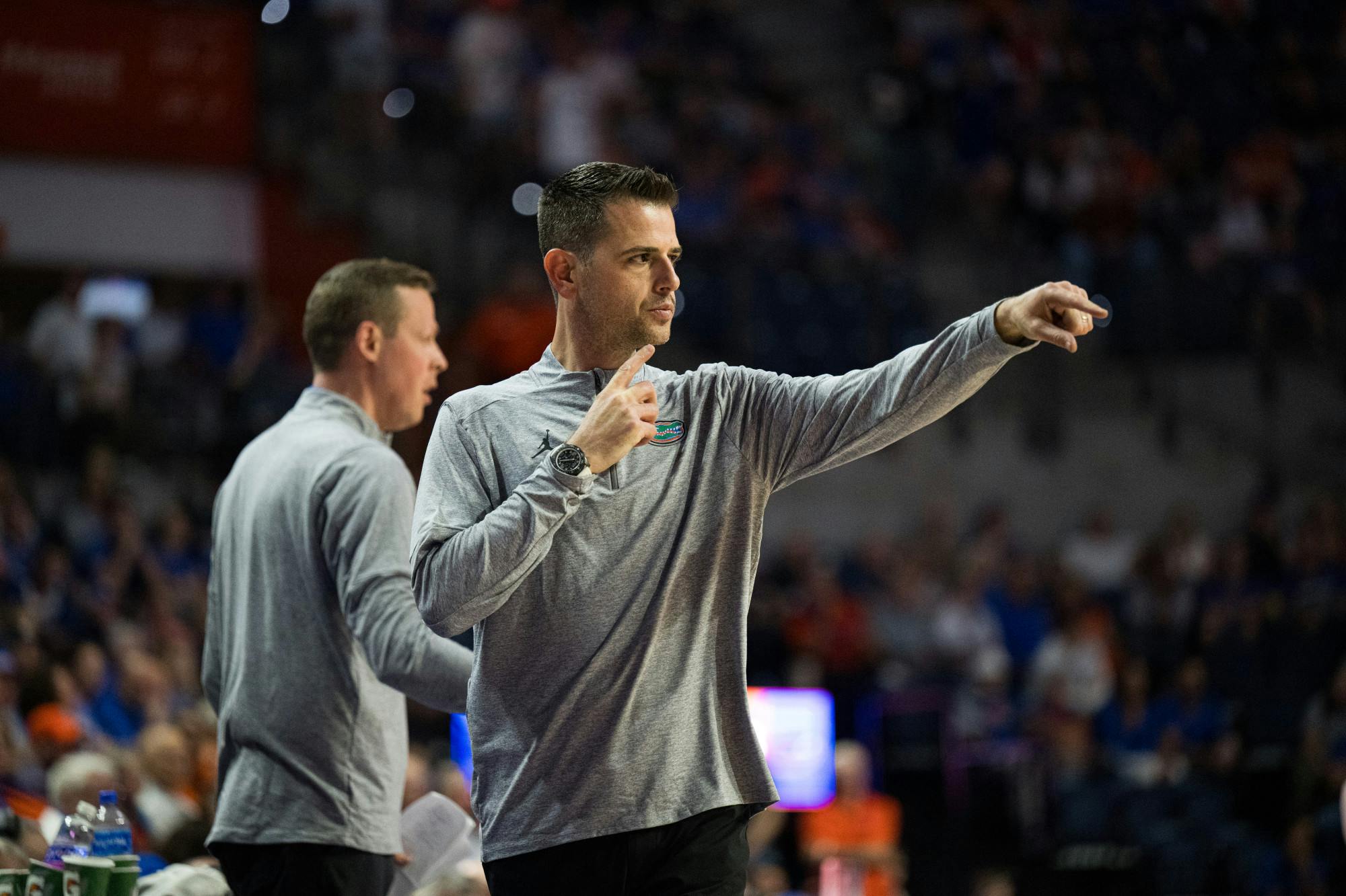 Florida Gators Head Coach Todd Golden coaches his team on offense in a basketball game against South Carolina on Saturday, Feb. 15, 2025, in Gainesville, Fla.
