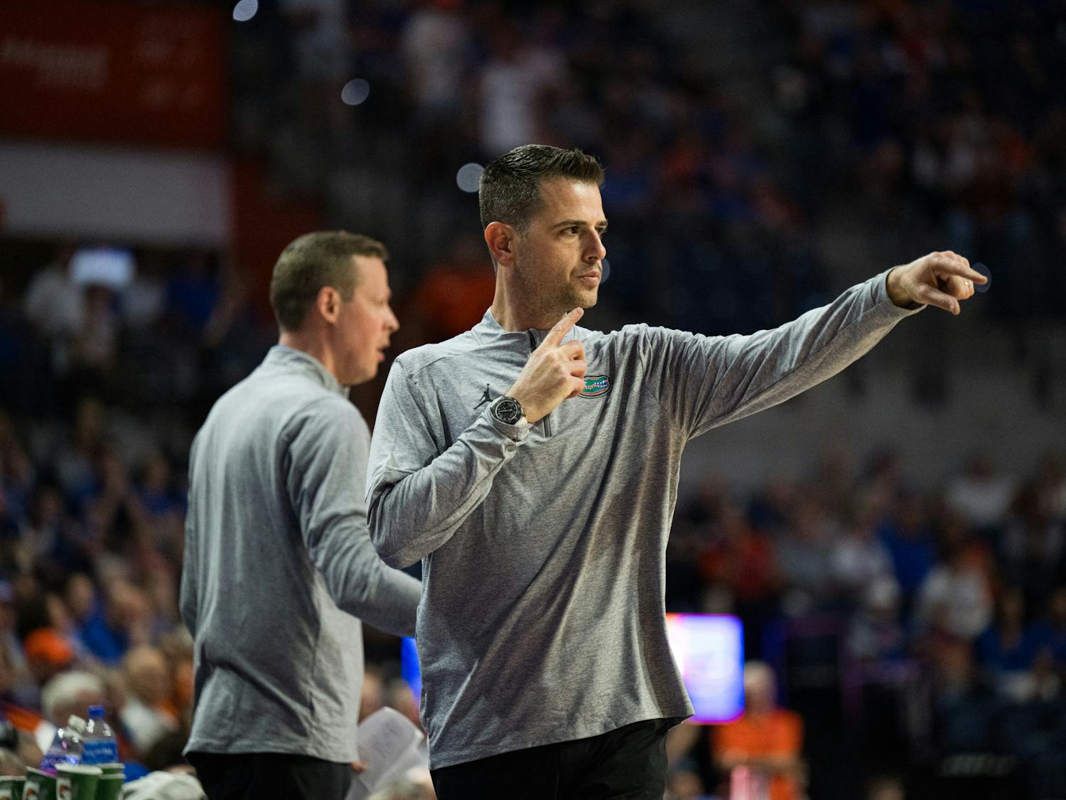 Florida Gators Head Coach Todd Golden coaches his team on offense in a basketball game against South Carolina on Saturday, Feb. 15, 2025, in Gainesville, Fla.