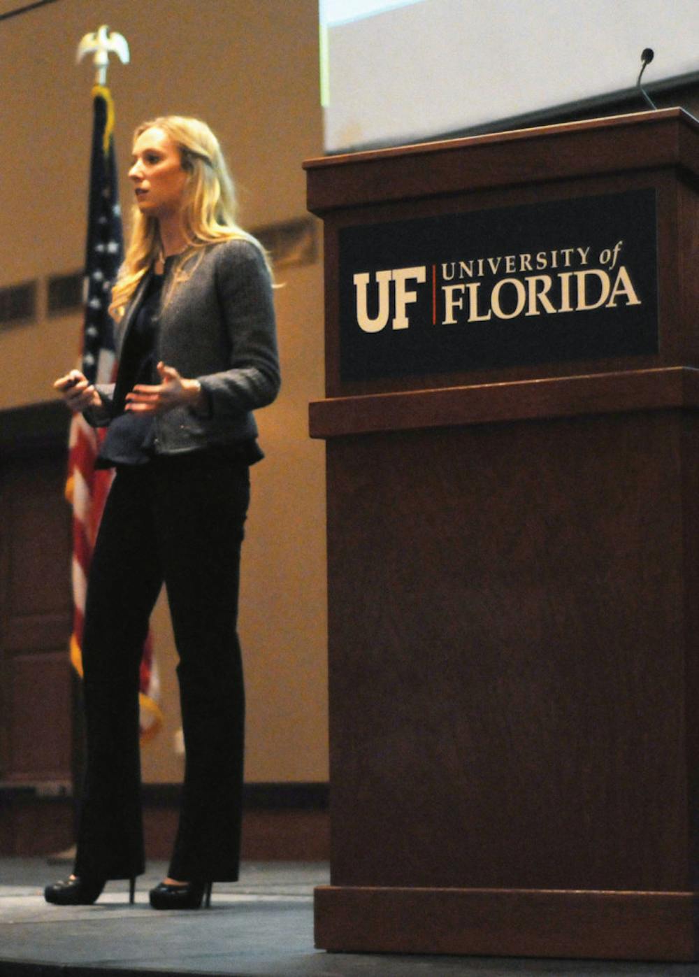 <p>UF Student Body President Christina Bonarrigo gives the 2013 State of the Campus address in the Reitz Union on Tuesday evening.</p>