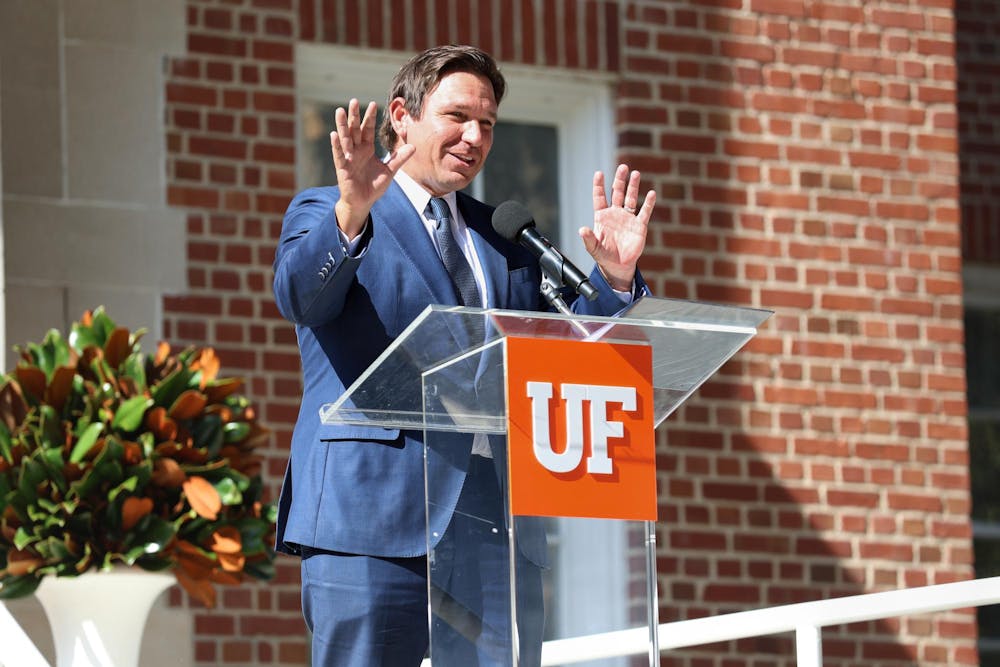 Governor Ron DeDantis delivers a speech for the Hamilton School’s ceremonial groundbreaking, Wednesday, Nov. 19, 2025 in Gainesville, Fla.