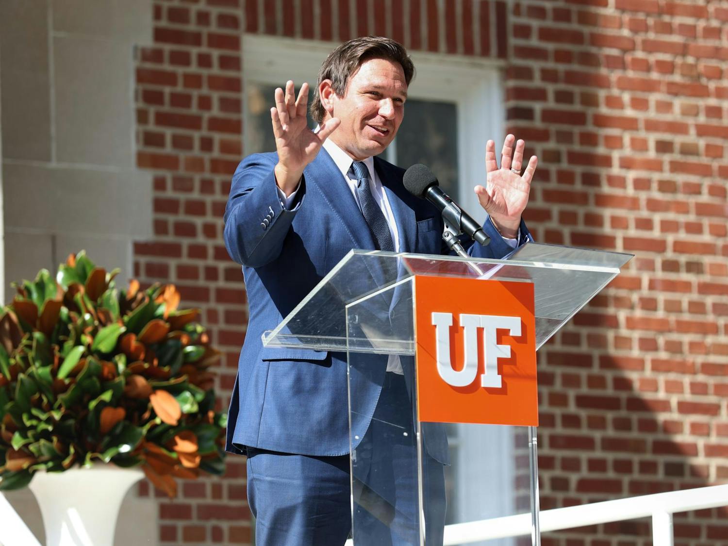 Governor Ron DeDantis delivers a speech for the Hamilton School’s ceremonial groundbreaking, Wednesday, Nov. 19, 2025 in Gainesville, Fla.
