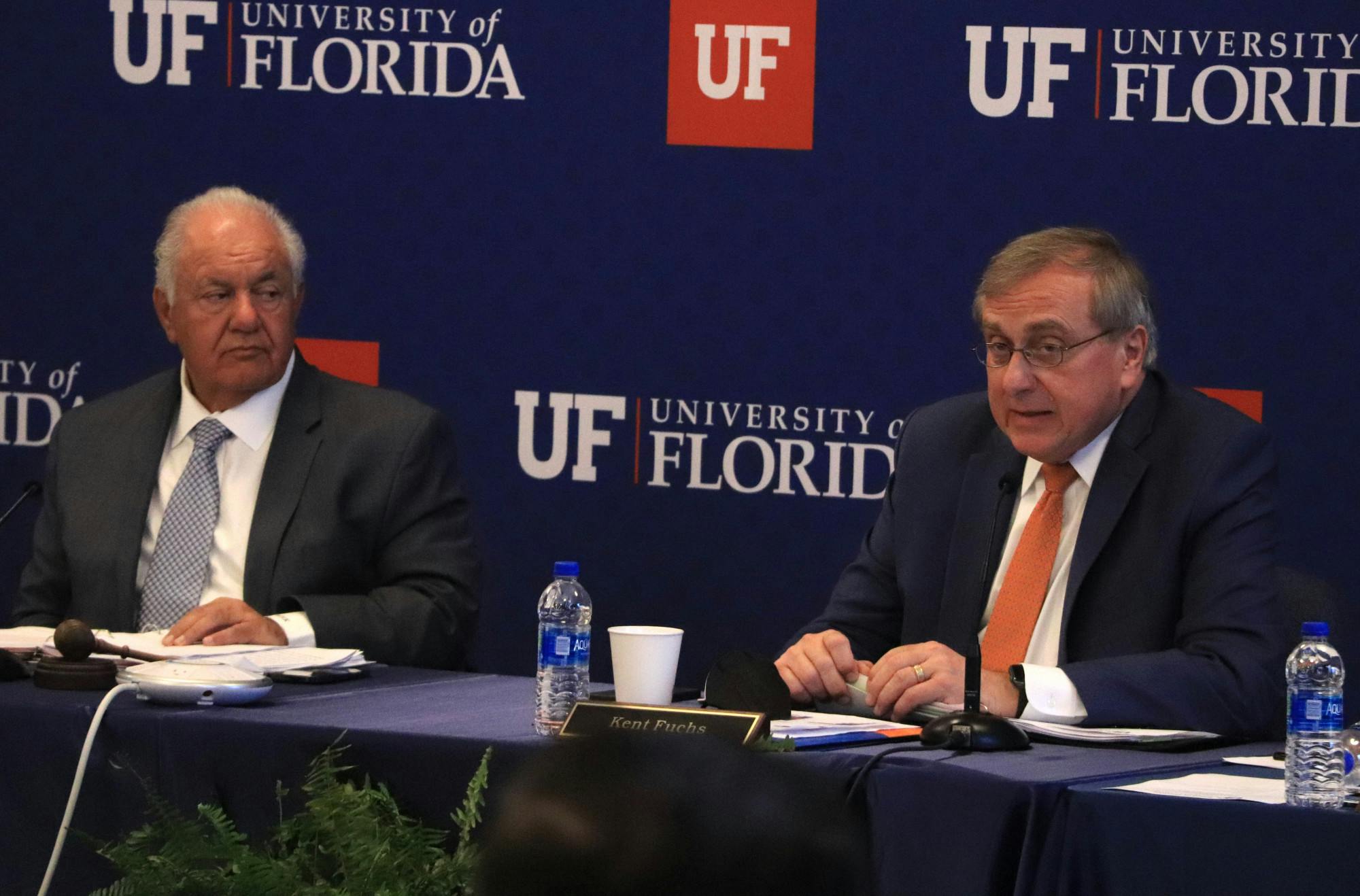 UF President Kent Fuchs and Board of Trustees Chair Mori Hosseini are seen during the meeting at Emerson Alumni Hall on Friday, Dec. 3, 2021.
