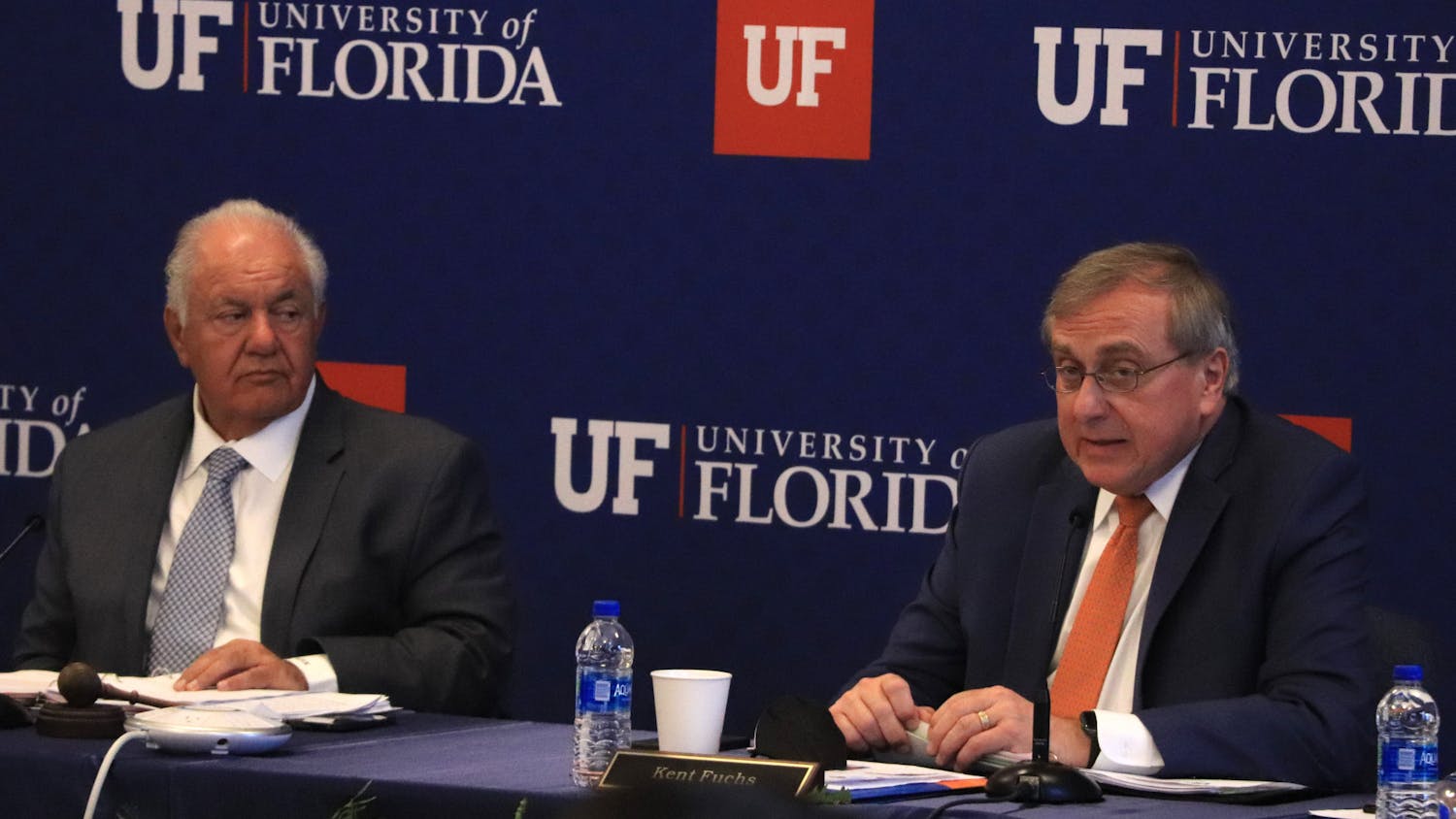 UF President Kent Fuchs and Board of Trustees Chair Mori Hosseini are seen during the meeting at Emerson Alumni Hall on Friday, Dec. 3, 2021.