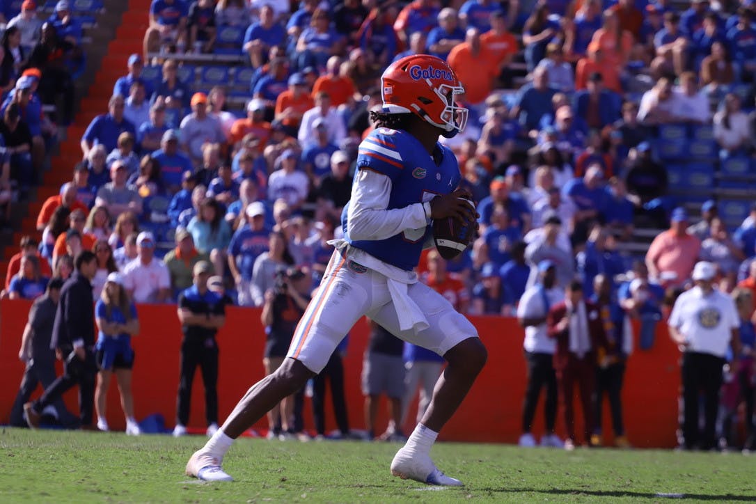 Florida quarterback Emory Jones drops back to pass against Samford during the Gators’ 70-52 win on Nov. 13.