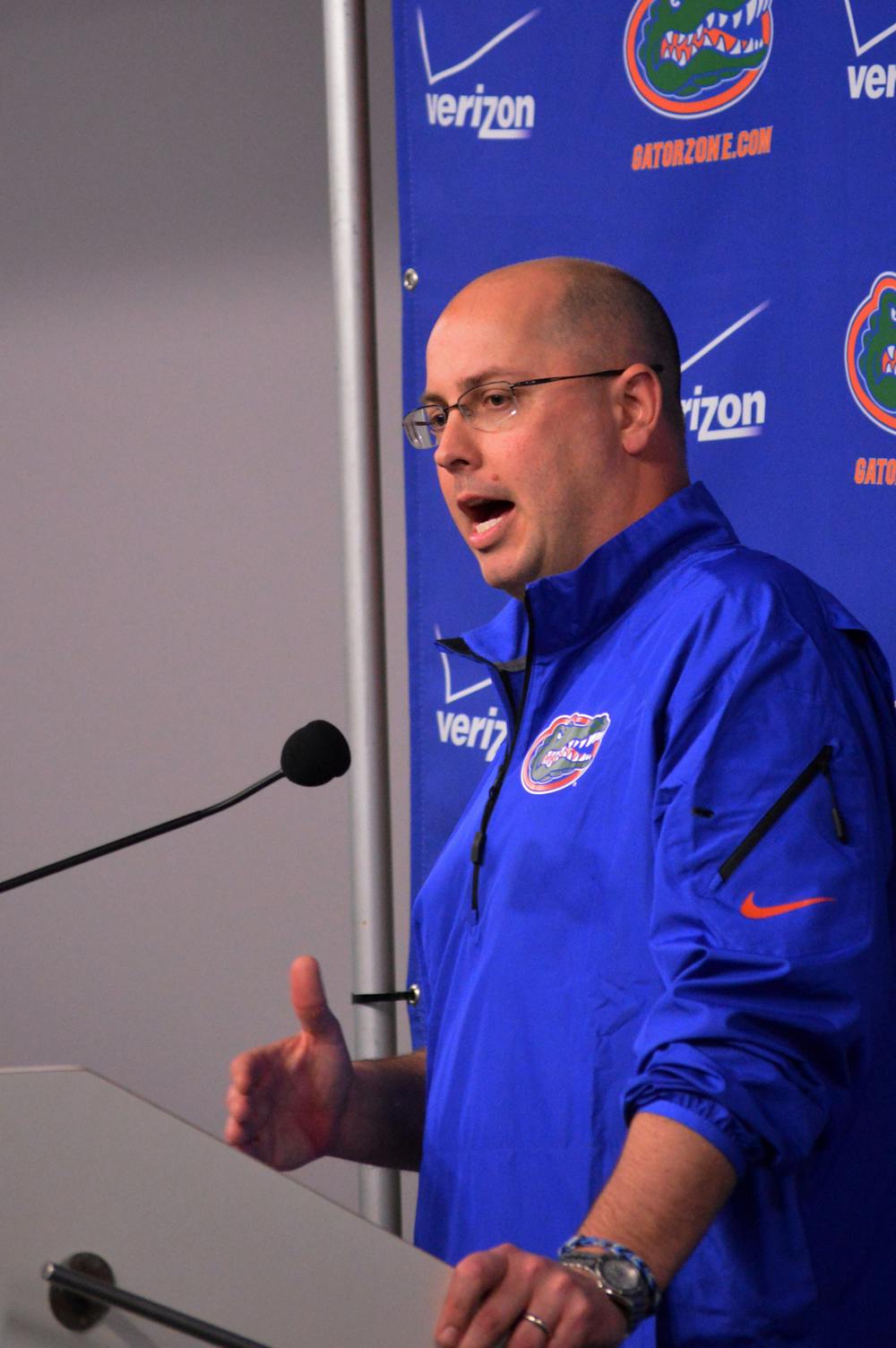 <p>Offensive coordinator Kurt Roper addresses the media during his introductory press conference on Jan. 13.</p>