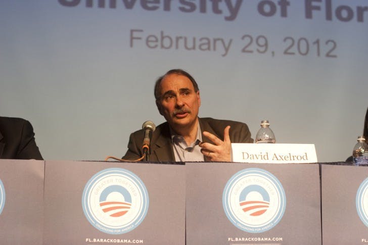 David Axelrod, former adviser to President Obama and the communications director for his 2012 re-election campaign, discusses past actions and future plans for the Obama administration Wednesday evening in the Rion Ballroom.