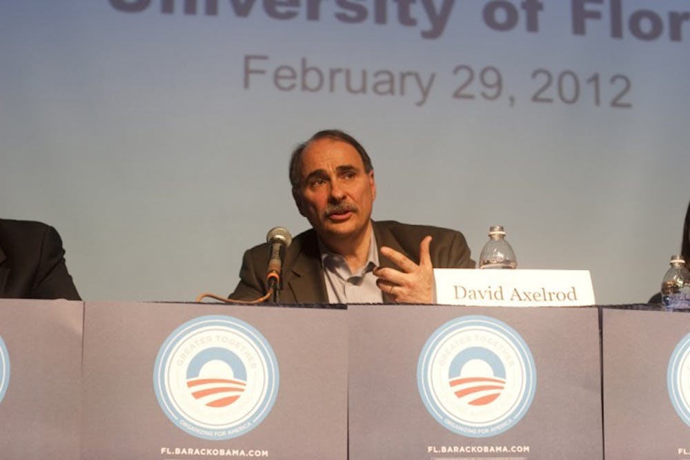 <p>David Axelrod, former adviser to President Obama and the communications director for his 2012 re-election campaign, discusses past actions and future plans for the Obama administration Wednesday evening in the Rion Ballroom.</p>