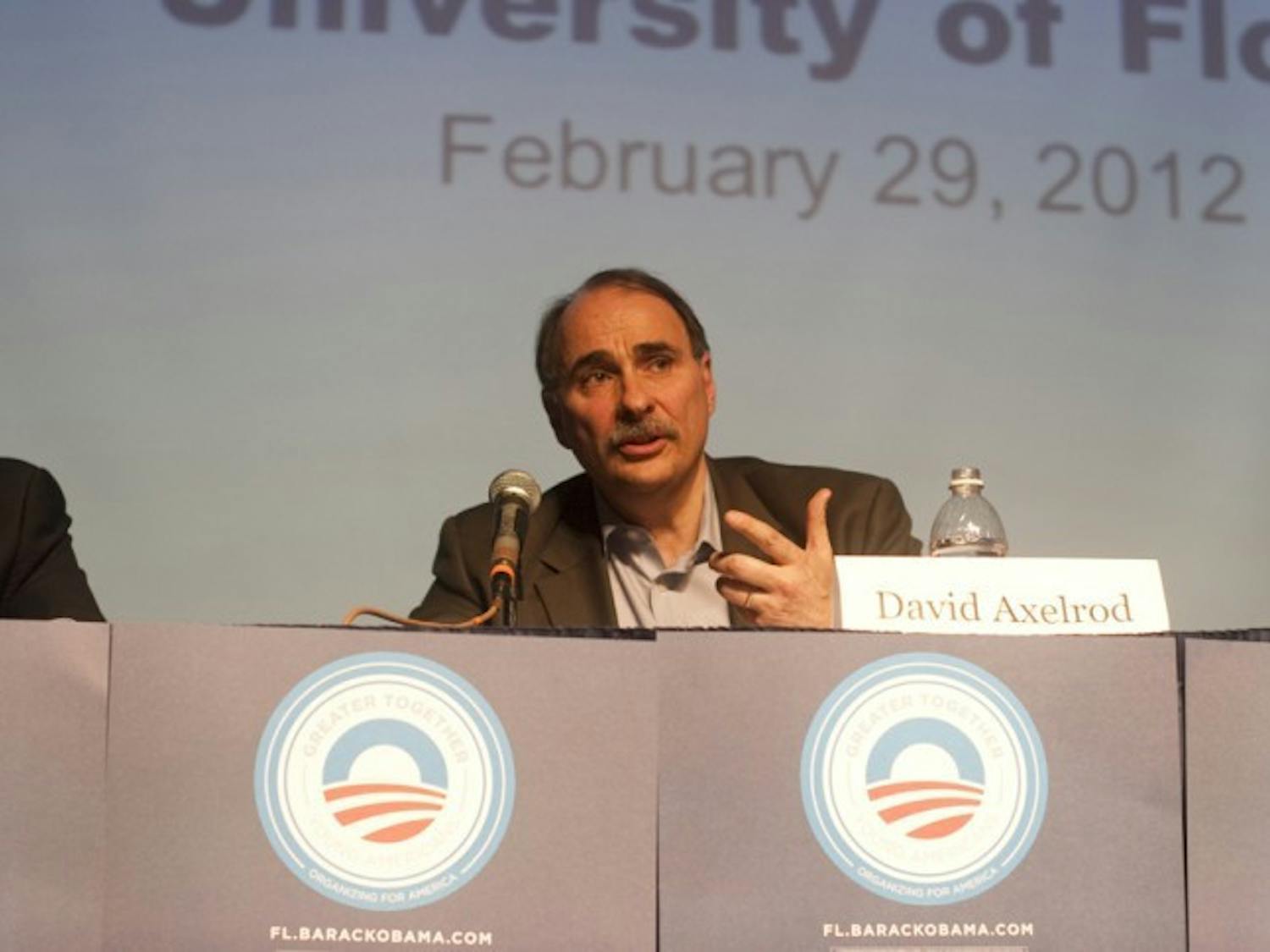 David Axelrod, former adviser to President Obama and the communications director for his 2012 re-election campaign, discusses past actions and future plans for the Obama administration Wednesday evening in the Rion Ballroom.