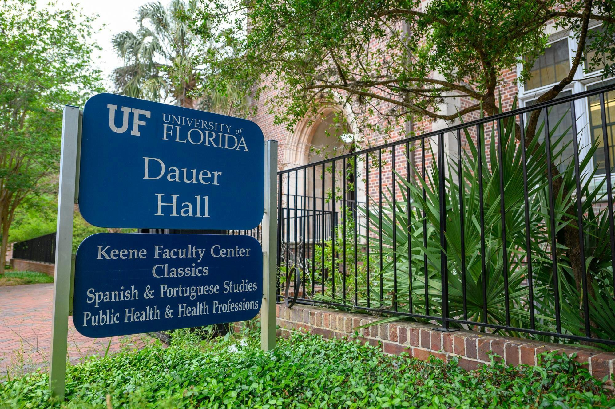 A sign for the Spanish and Portuguese departments stands outside Dauer Hall on UF's campus, Wednesday, April 8, 2026.