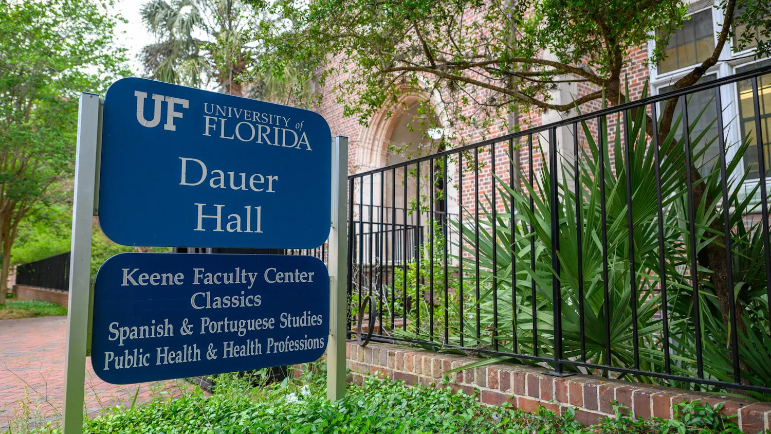 A sign for the Spanish and Portuguese departments stands outside Dauer Hall on UF's campus, Wednesday, April 8, 2026.