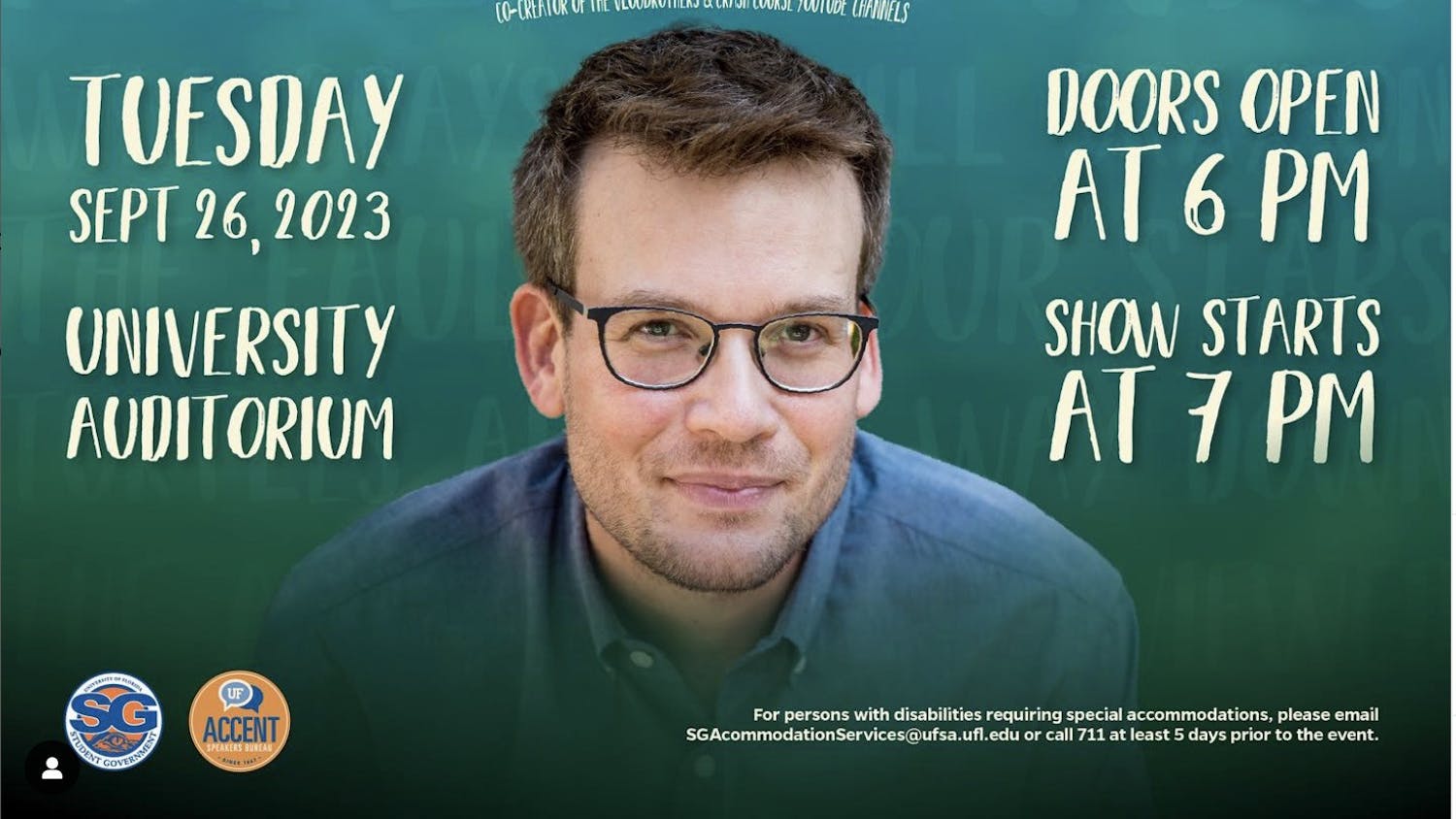 The poster from ACCENT Speakers Bureau's announcement that John Green will speak at UF Sept. 26.