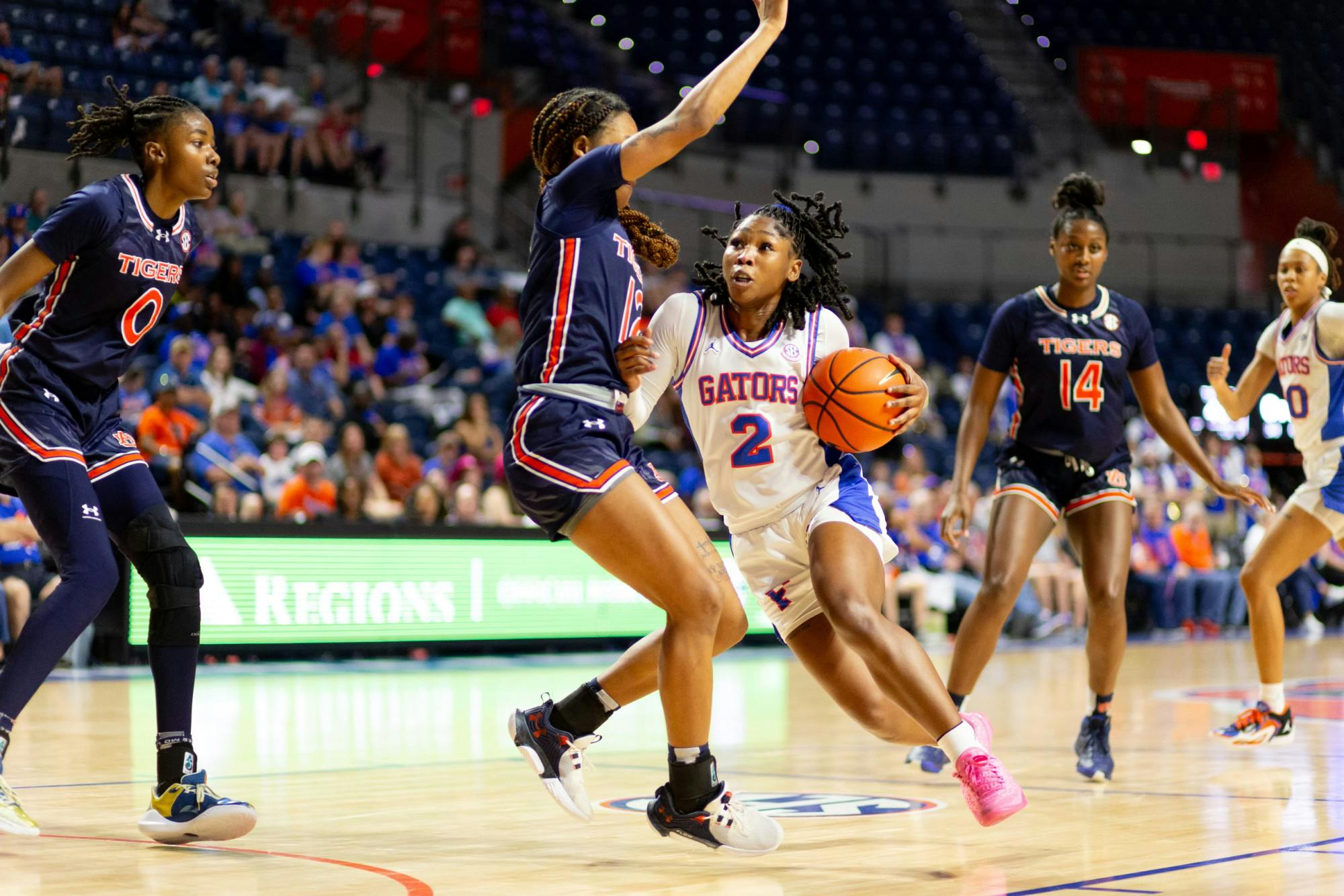 Gators women's basketball senior guard Aliyah Matharu drives to the hoop in the team's loss to Auburn on Sunday, March 3, 2024. 