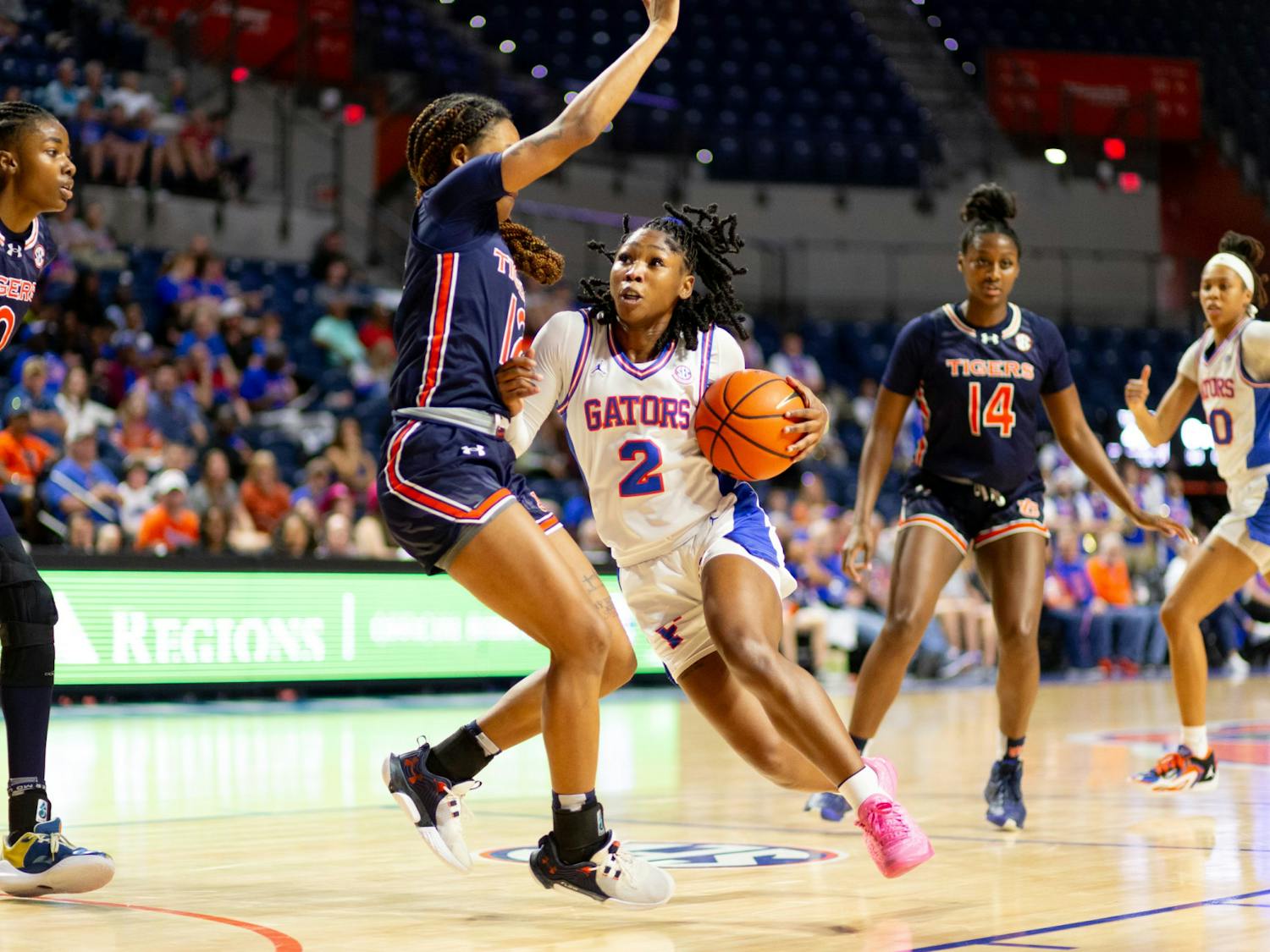 Gators women's basketball senior guard Aliyah Matharu drives to the hoop in the team's loss to Auburn on Sunday, March 3, 2024.