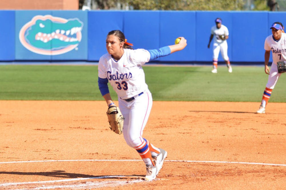 <p>Left-hander Delanie Gourley pitches during Florida’s 2-0 win against Ole Miss on March 9 at Katie Seashole Pressly Stadium.</p>