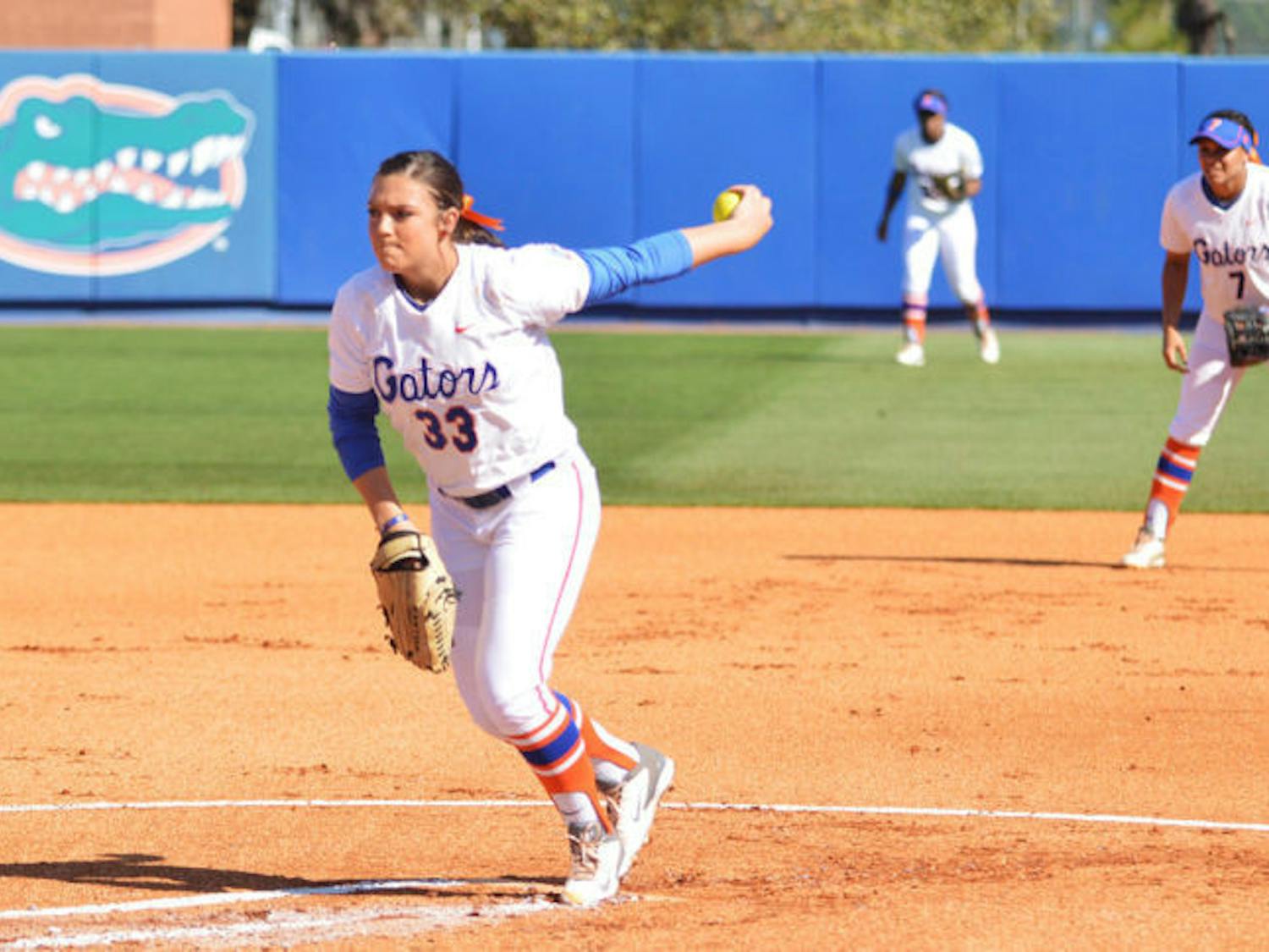 Left-hander Delanie Gourley pitches during Florida’s 2-0 win against Ole Miss on March 9 at Katie Seashole Pressly Stadium.