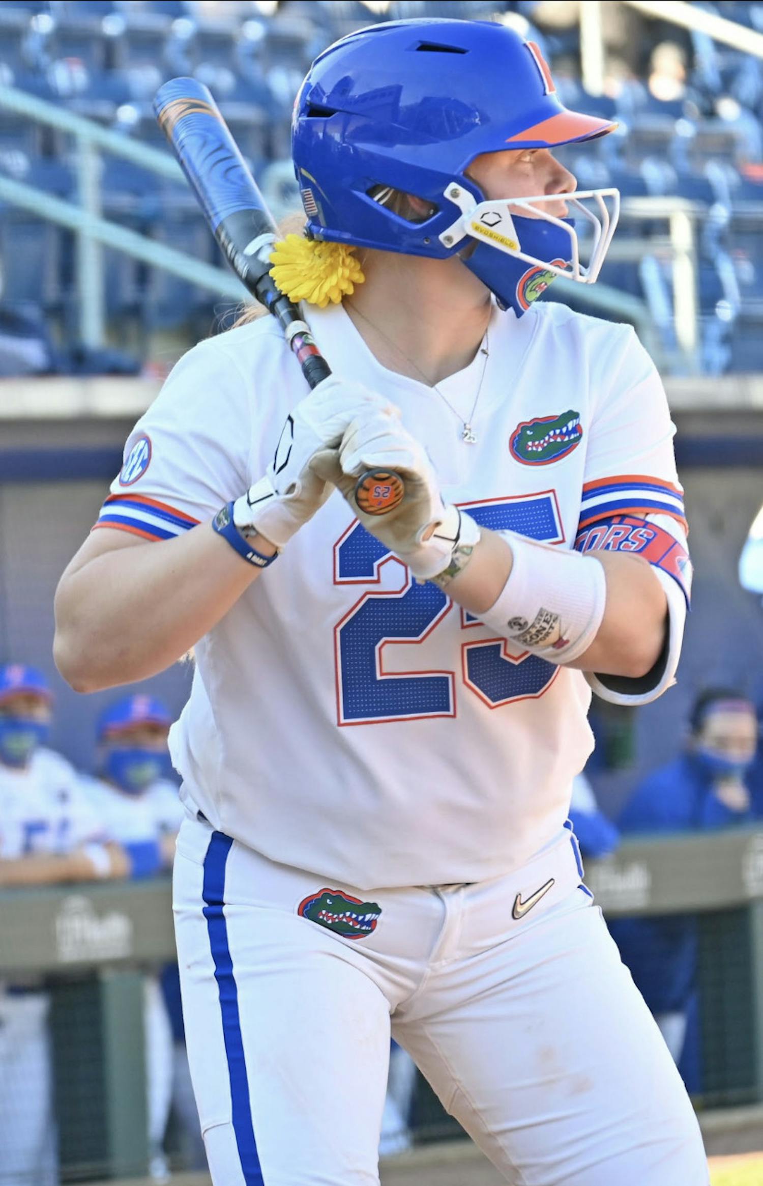 Catcher Julia Cottrill prepares for a pitch against Charlotte Feb. 20. She scored the go-ahead run Saturday against Kentucky after a double. 
