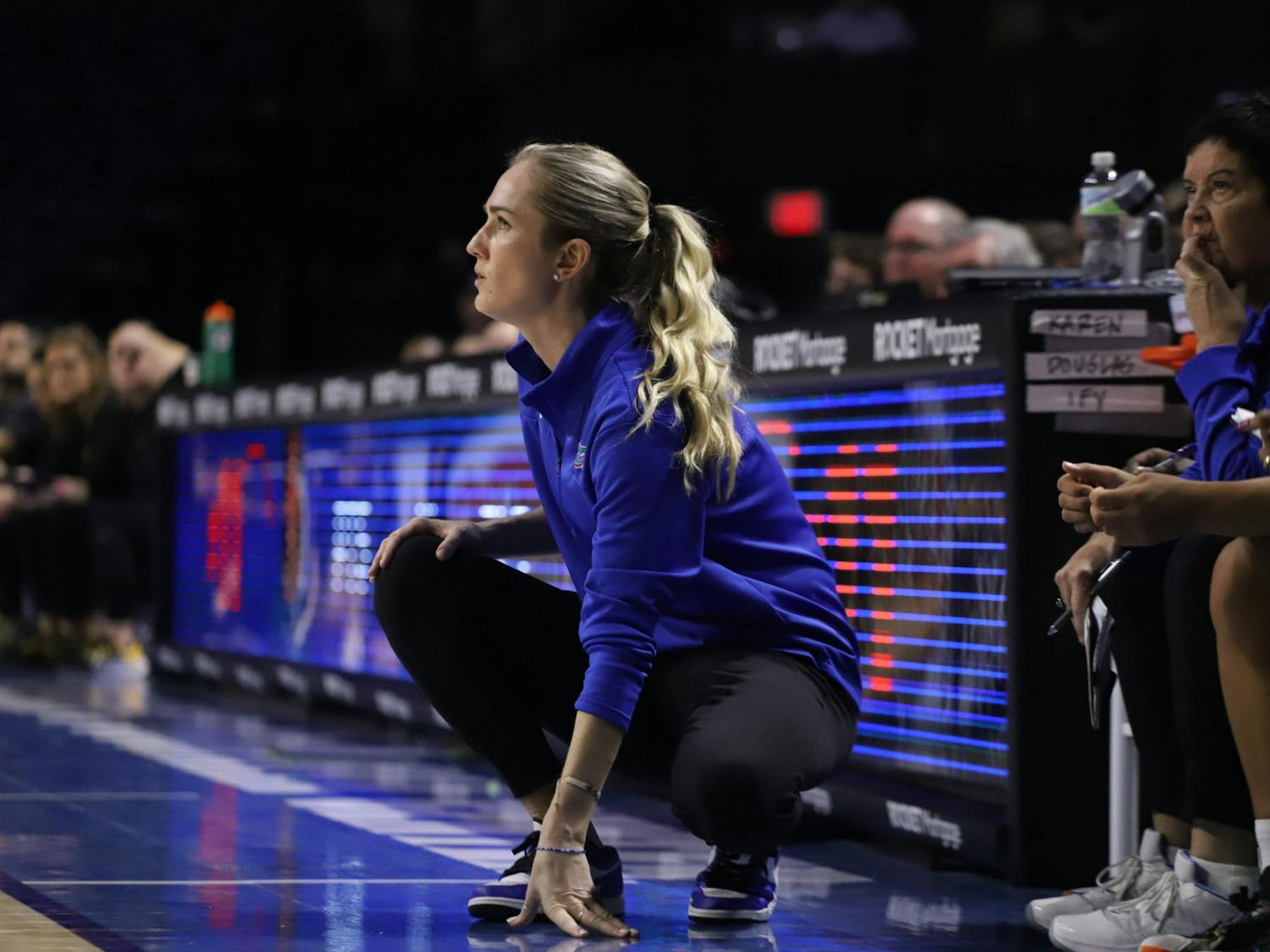 UF head coach Kelly Rae Finley observes the floor during a Sunday afternoon home stance against Missouri. 
