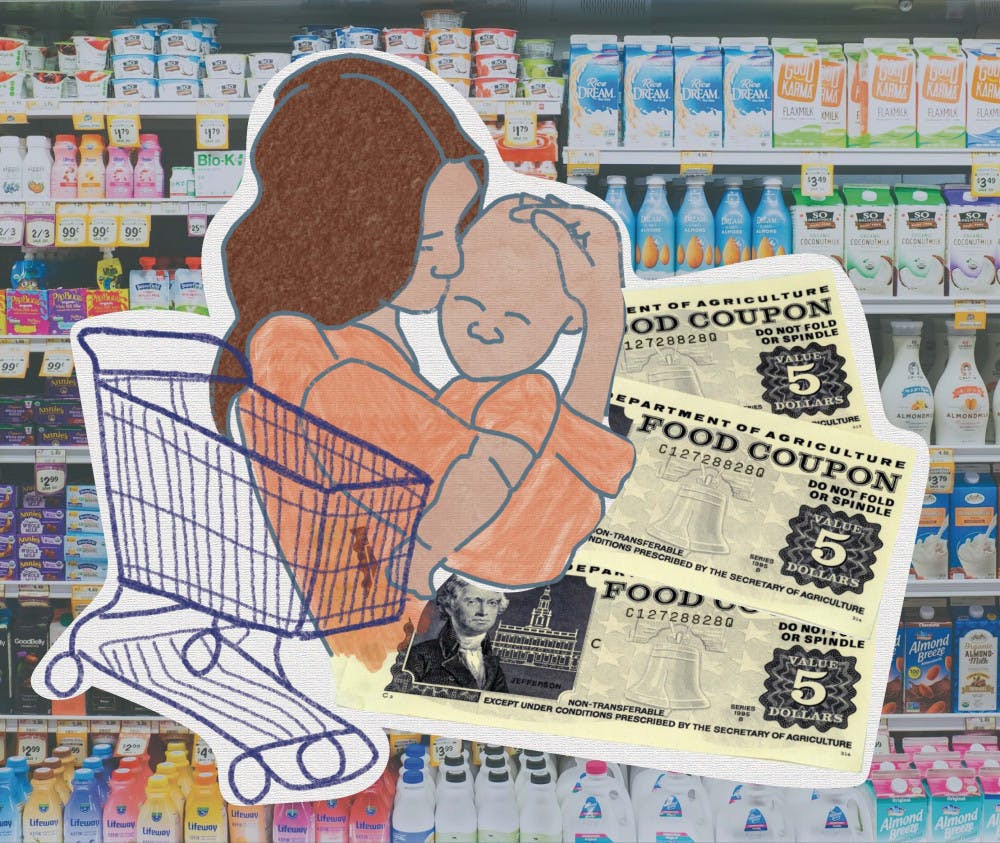 Graphic of food coupons and mother and child